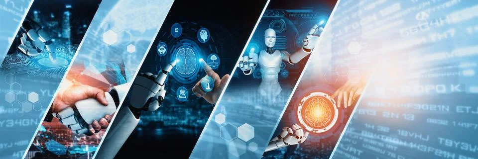 Human interact with AI artificial intelligence virtual assistant NLP robot Stock Photos