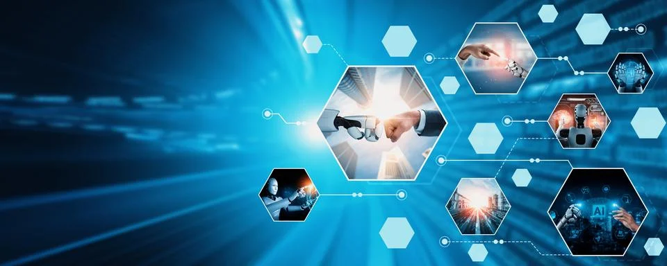 Human interact with AI artificial intelligence virtual assistant NLP robot Stock Photos