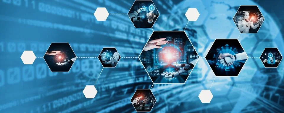 Human interact with AI artificial intelligence virtual assistant NLP robot Stock Photos