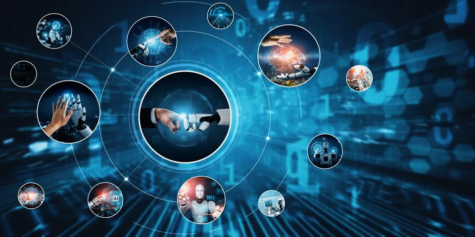 Human interact with AI artificial intelligence virtual assistant NLP robot Foto stock