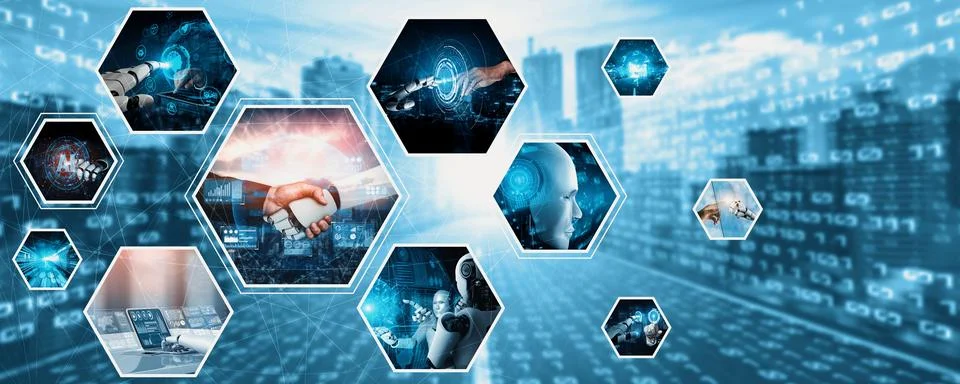 Human interact with AI artificial intelligence virtual assistant NLP robot Stock Photos