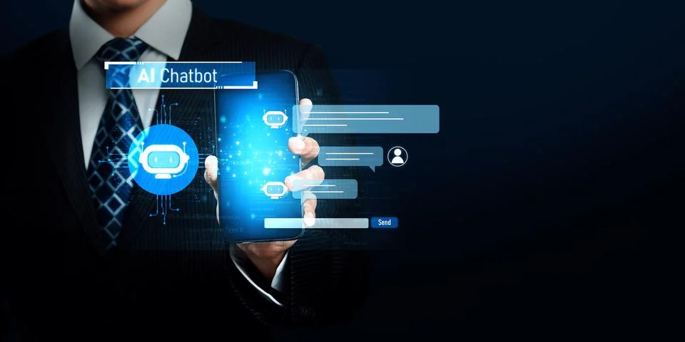 Human interact with AI artificial intelligence virtual assistant generative NLP Stock Photos