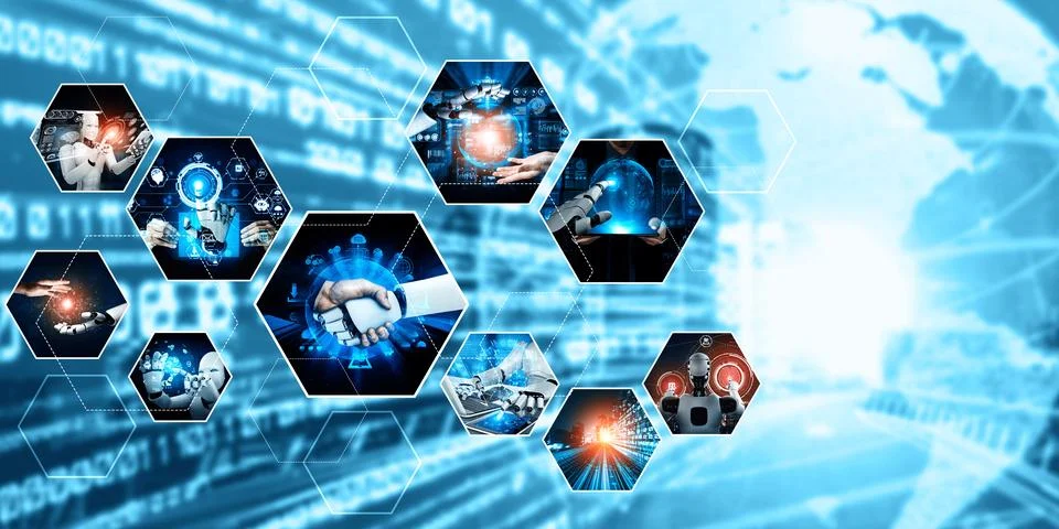 Human interact with AI artificial intelligence virtual assistant NLP robot Stock Photos