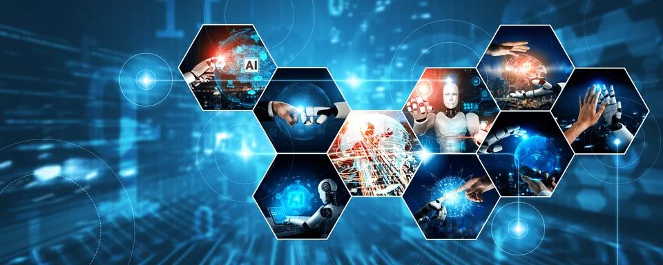 Human interact with AI artificial intelligence virtual assistant NLP robot Stock Photos