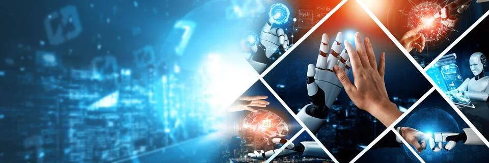 Human interact with AI artificial intelligence virtual assistant NLP robot Stock Photos