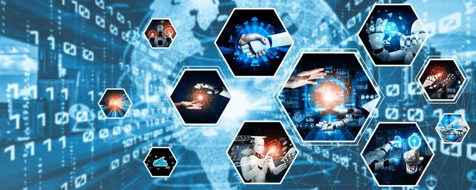 Human interact with AI artificial intelligence virtual assistant NLP robot Stock Photos