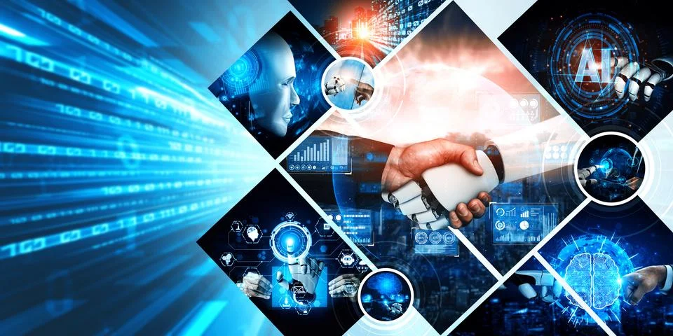 Human interact with AI artificial intelligence virtual assistant NLP robot Stock Photos