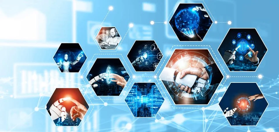 Human interact with AI artificial intelligence virtual assistant NLP robot Stock Photos