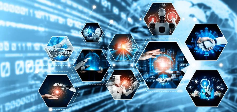 Human interact with AI artificial intelligence virtual assistant NLP robot Stock Photos