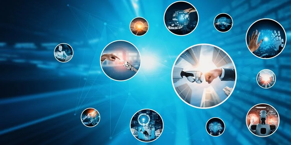 Human interact with AI artificial intelligence virtual assistant NLP robot Stock Photos