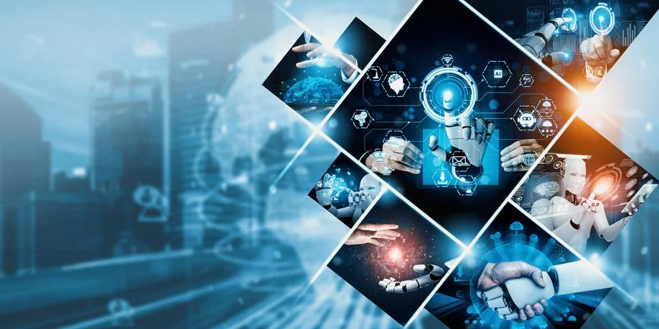 Human interact with AI artificial intelligence virtual assistant NLP robot Stock Photos