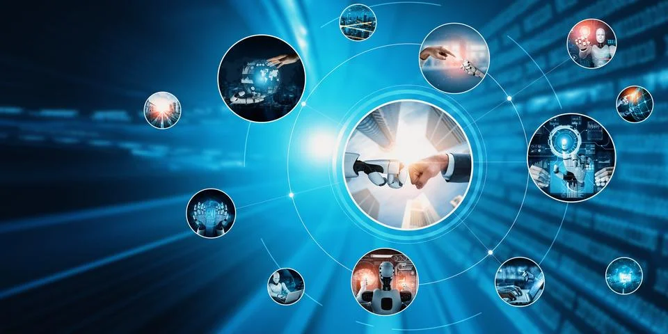 Human interact with AI artificial intelligence virtual assistant NLP robot Stock Photos