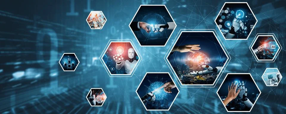 Human interact with AI artificial intelligence virtual assistant NLP robot Stock Photos