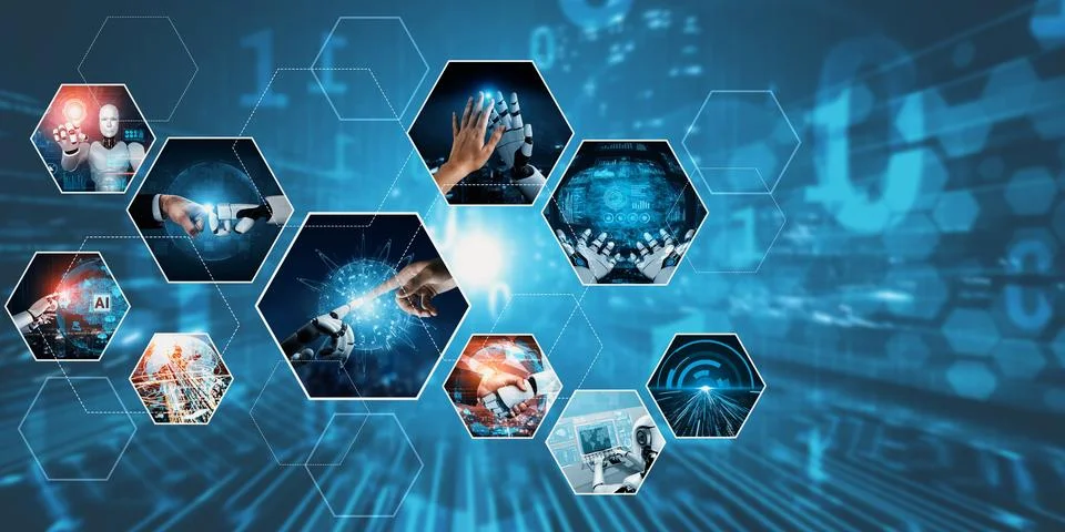 Human interact with AI artificial intelligence virtual assistant NLP robot Stock Photos