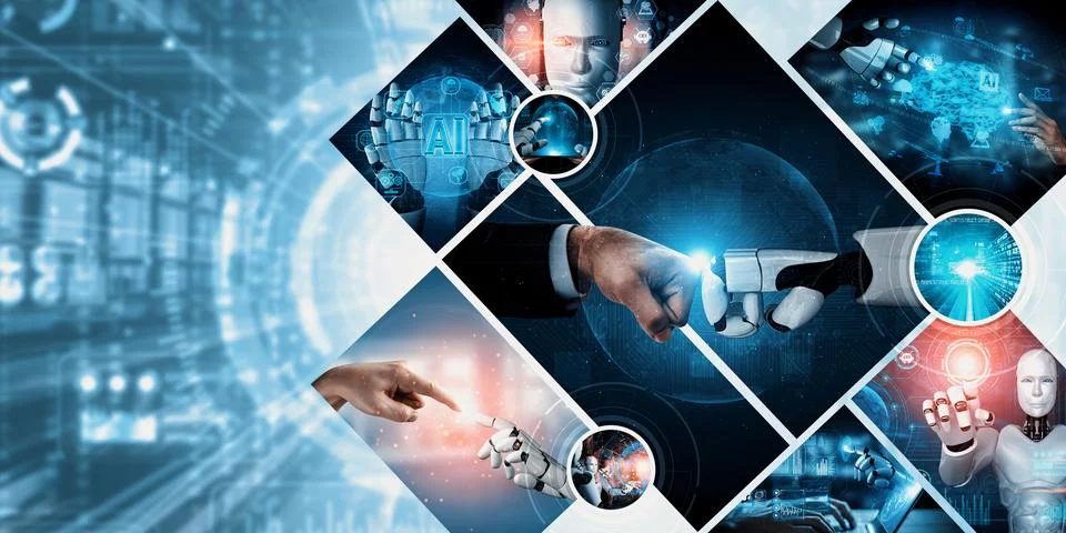 Human interact with AI artificial intelligence virtual assistant NLP robot Stock Photos