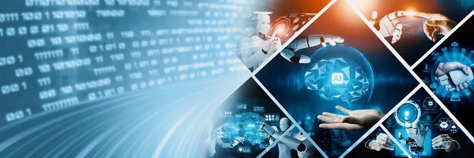 Human interact with AI artificial intelligence virtual assistant NLP robot Stock Photos