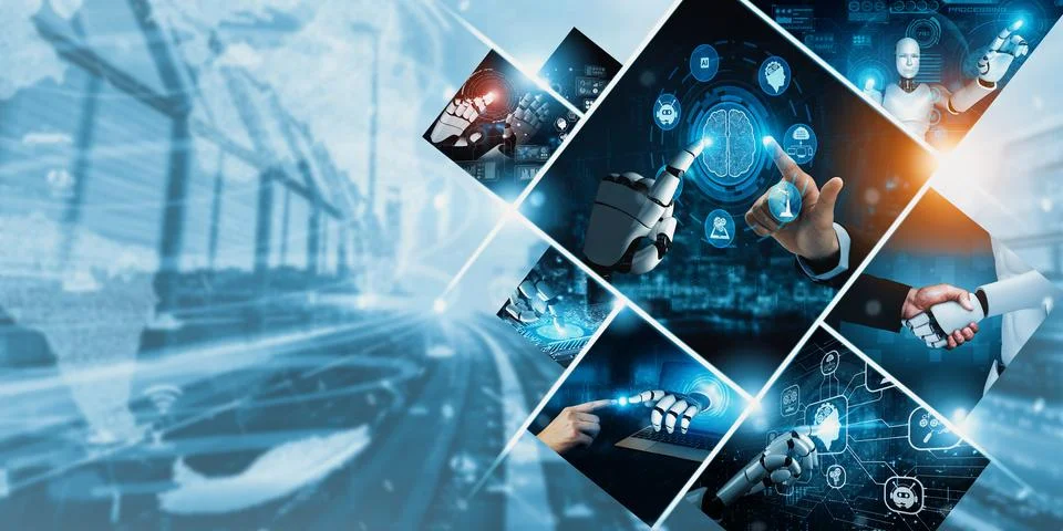 Human interact with AI artificial intelligence virtual assistant NLP robot Stock Photos