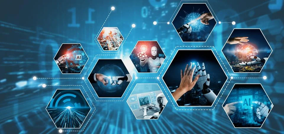 Human interact with AI artificial intelligence virtual assistant NLP robot 写真素材