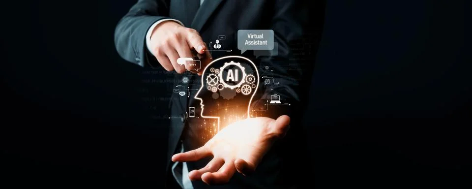 Human interact with AI artificial intelligence virtual assistant generative NLP Foto stock