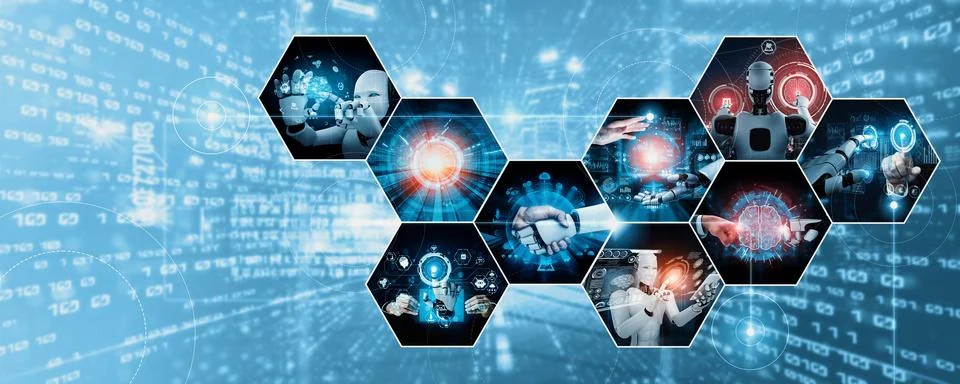 Human interact with AI artificial intelligence virtual assistant NLP robot Stock Photos