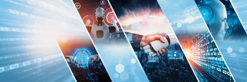 Human interact with AI artificial intelligence virtual assistant NLP robot Stock Photos