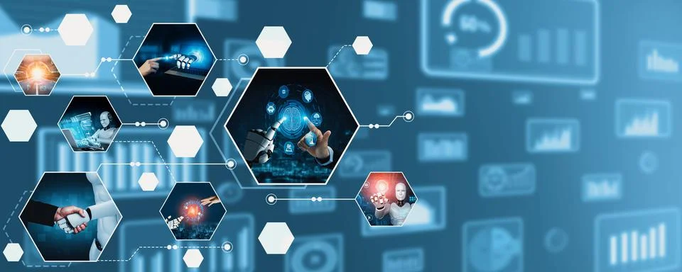 Human interact with AI artificial intelligence virtual assistant NLP robot Stockfoto's