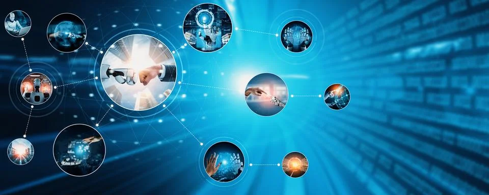 Human interact with AI artificial intelligence virtual assistant NLP robot Stock Photos