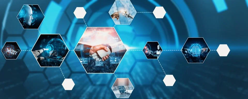 Human interact with AI artificial intelligence virtual assistant NLP robot Stock Photos