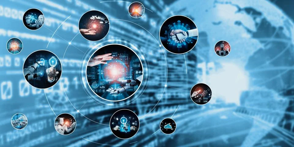 Human interact with AI artificial intelligence virtual assistant NLP robot Stock Photos