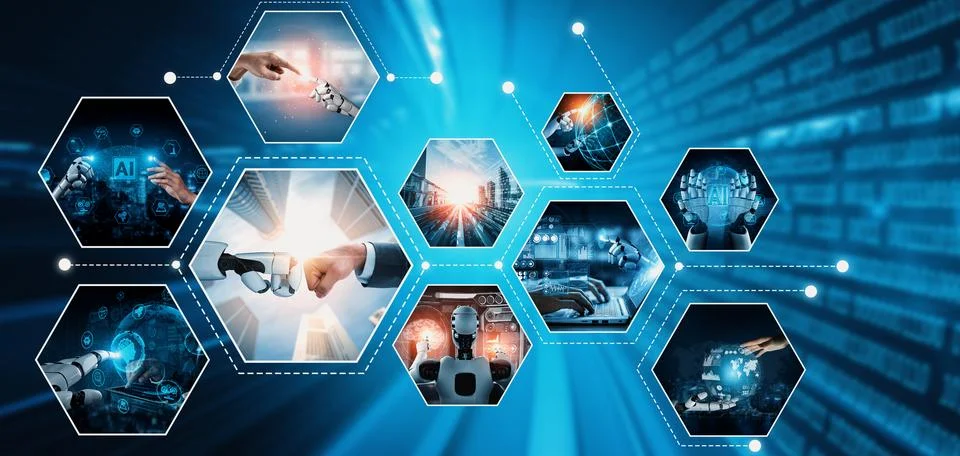 Human interact with AI artificial intelligence virtual assistant NLP robot Stock Photos