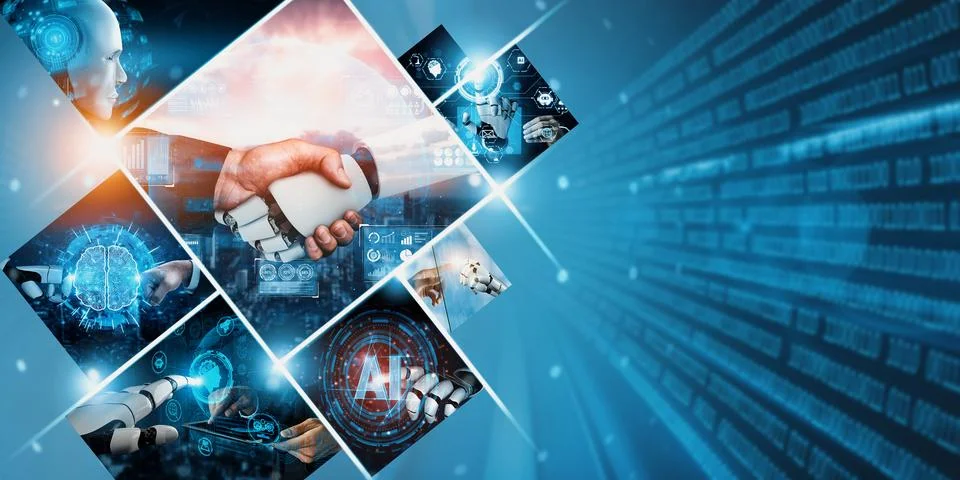 Human interact with AI artificial intelligence virtual assistant NLP robot Stock Photos