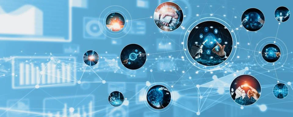 Human interact with AI artificial intelligence virtual assistant NLP robot Stock Photos