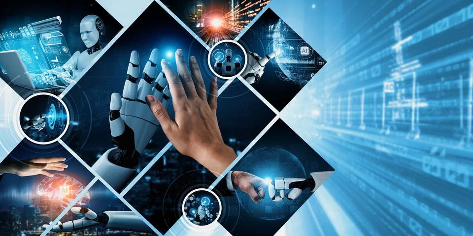 Human interact with AI artificial intelligence virtual assistant NLP robot Stock Photos