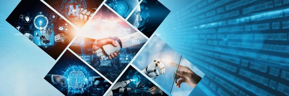 Human interact with AI artificial intelligence virtual assistant NLP robot Stock Photos