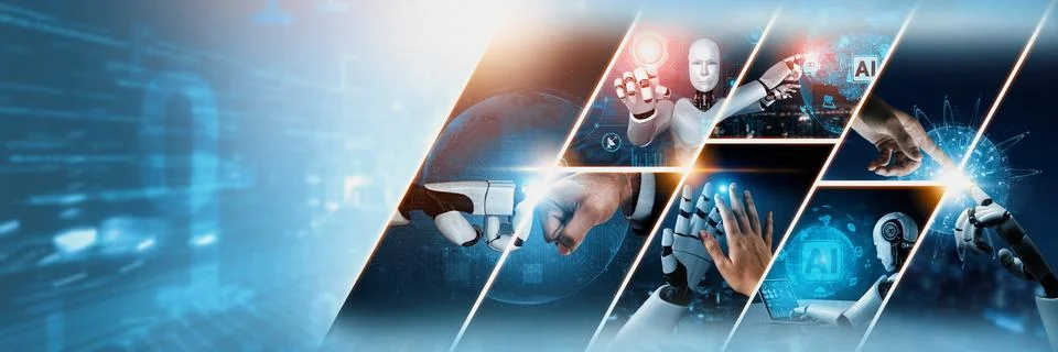 Human interact with AI artificial intelligence virtual assistant NLP robot Stock Photos