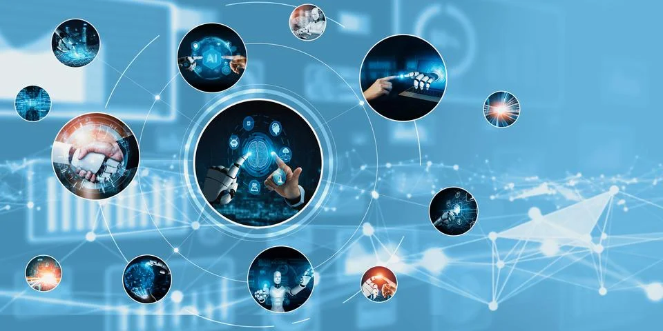 Human interact with AI artificial intelligence virtual assistant NLP robot Stock Photos