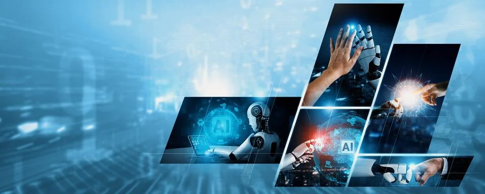 Human interact with AI artificial intelligence virtual assistant NLP robot Stock Photos