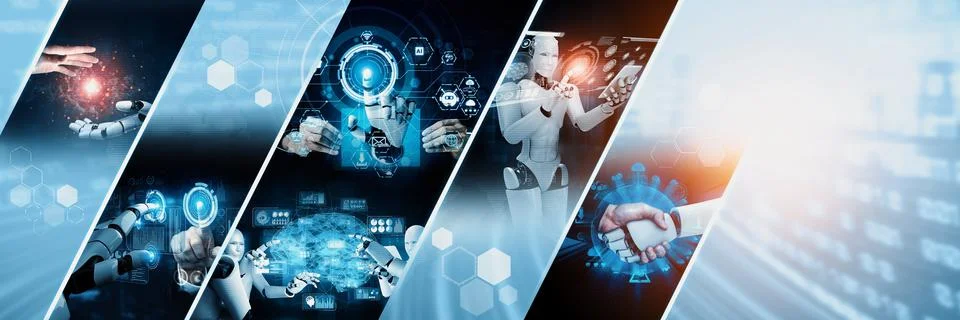 Human interact with AI artificial intelligence virtual assistant NLP robot Foto stock