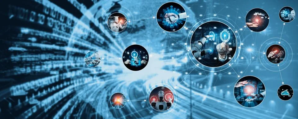 Human interact with AI artificial intelligence virtual assistant NLP robot Stock Photos