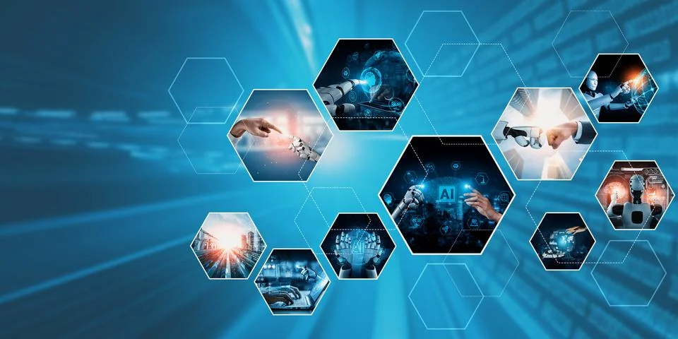 Human interact with AI artificial intelligence virtual assistant NLP robot Stock Photos