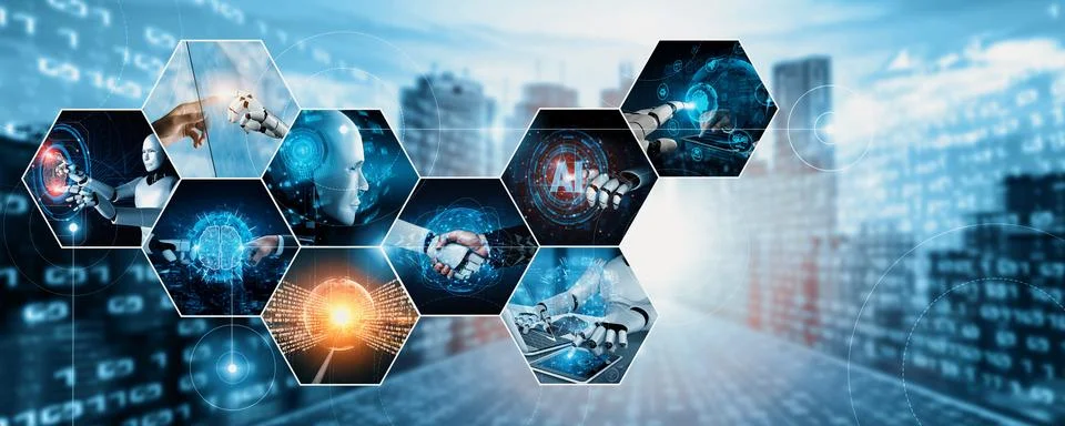 Human interact with AI artificial intelligence virtual assistant NLP robot Stock Photos