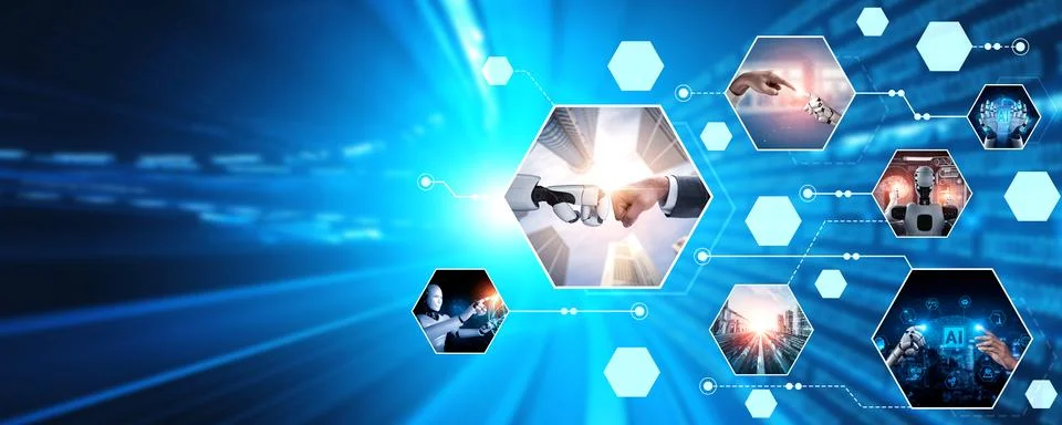 Human interact with AI artificial intelligence virtual assistant NLP robot Stock Photos