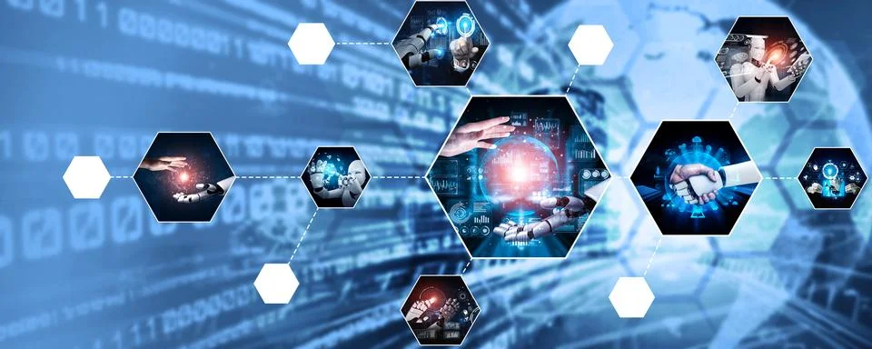 Human interact with AI artificial intelligence virtual assistant NLP robot 写真素材