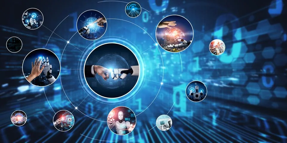 Human interact with AI artificial intelligence virtual assistant NLP robot Foto stock