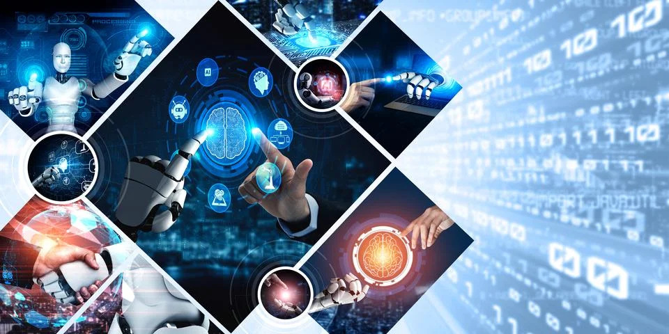 Human interact with AI artificial intelligence virtual assistant NLP robot 写真素材