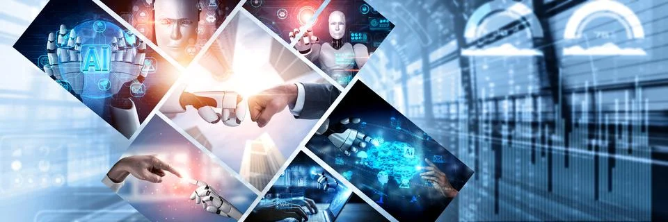 Human interact with AI artificial intelligence virtual assistant NLP robot Stock Photos
