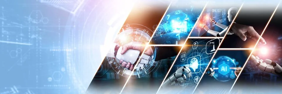 Human interact with AI artificial intelligence virtual assistant NLP robot Stock Photos