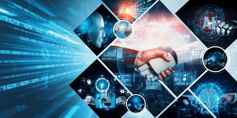 Human interact with AI artificial intelligence virtual assistant NLP robot Foto stock