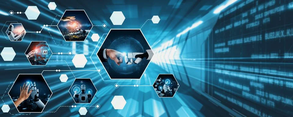 Human interact with AI artificial intelligence virtual assistant NLP robot Foto stock