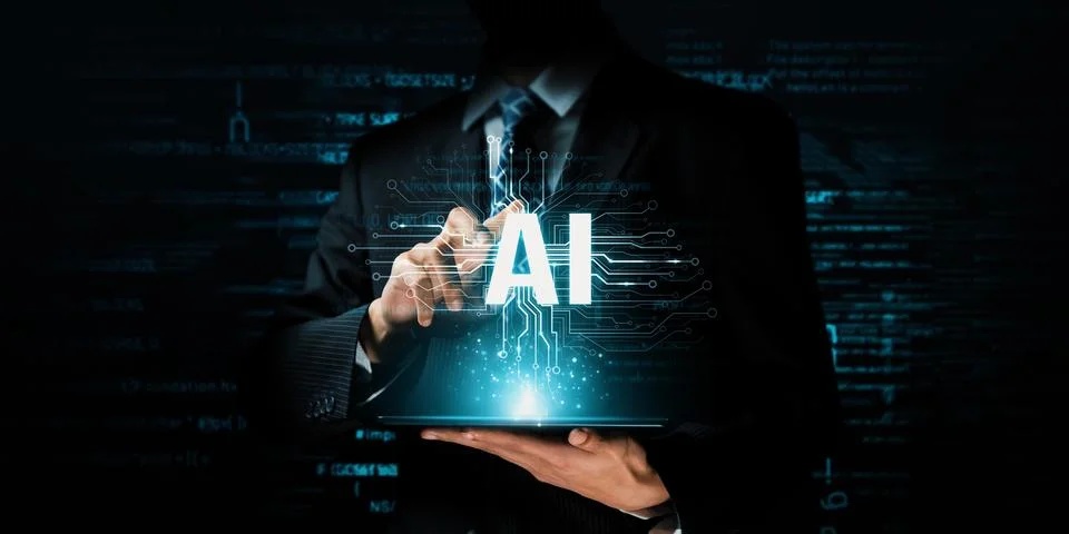 Human interact with AI artificial intelligence brain processor generative AI NLP Stock Photos